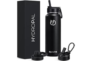 HydroPal Edelstahl Trinkflasche - 750ml, 1L, 1,2L, BPA-Frei, Kohlensäure geeignet, Isolierte flasche mit Strohhalm & 2 Deckel, Auslaufsichere Isolierflasche für Sport (Schwarz, 1200 ml)