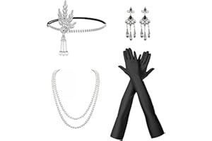MIVAIUN 5 Piezas 1920 Juego de Accesorios,1920s Flapper Diadema Collar Guantes Largos Pendientes Accesorios,Great Gatsby Accesorios,Guantes Largos Pendientes,Fashion Roaring 20's Theme Set