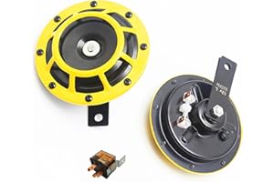 YIYDA Car Horn klaxon électrique de voiture 135DB klaxon de voiture haute et basse tonalité résistante aux intempéries avec support de grille de protection jaune pour tout véhicule 12V car moto etc