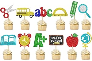 6pcs Back to School Glitter Cupcake Toppers, School Theme Baking Supplies Muffins Cake Decoration for Students Teachers First Day of School Nursery Kids Children Party 2026 New Term