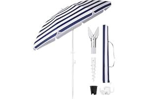 Sekey Ombrellone da spiaggia con picchetto, copertura per ombrellone e gancio, ombrellone stabile con otto balene, per balcone, giardino, terrazza, angolo di inclinazione e altezza regolabili