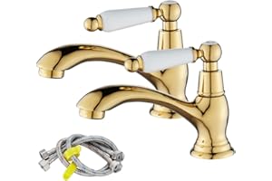Maynosi Bathroom Basin Pillar Taps, Pair Basin Sink Taps with Dual Ceramic Levers, Traditional Faucet for Washroom, 1/4 Turn, Include Flexible Hoses, Solid Brass, Polished Gold
