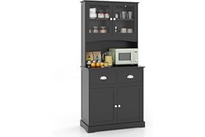 COSTWAY 170cm Tall Kitchen Cupboard, 4-Door Buffet Pantry Storage Cabinet with Tempered Glass Doors, Adjustable Shelves, 2 Drawers & Cable Hole, Wooden Sideboard Organizer for Dining Room (Black)