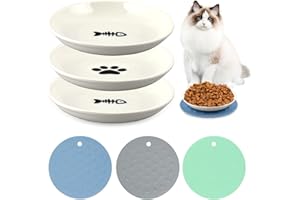 BINGGUNYO Katzennapf Keramik 3 Stück Futternapf Katze Keramik mit 3 Rutschfester Matte Silikon, Katzennapf Flach zur Erleichterung von Whisker-Müdigkeit, Fressnapf Katze, Kitten Nassfutter Napf