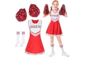 DTXYBC Cheerleader Costume Bambina, Costume da Cheerleader per Ragazze, Vestito Cheerleader Bambina, Bambini Cheerleading Outfit con Pompon e Calzini, Carnevale o Evento Sportivo Fancy Dress Up