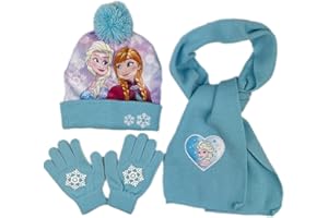 FISAPBXC Frrozen Kinder Mütze Schal und Handschuh Set, Frrozen Warme Strickmütze, Schal-Set Herbst/Winter Kinder warme gestrickte Mütze Superweiches, warmes Set aus Schal und Handschuh für 2-8 Jahre Kinder