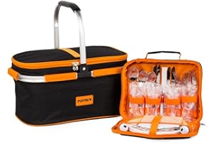 Fuxtec Picknickkorb Family mit Kühlfach und Geschirr für 4 Personen Tragekorb Set mit Tellern, Edelstahlbesteck, Weingläser, servietten, Schneidbrett, Flaschenöffner, Käsemesser, Salz&Pfefferstreuer