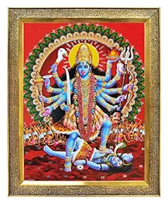 KHANNA maa Kali/Goddess Kali/mahakali maa Standing on Shiva/Shiv ji Fighting Photo Frame for Wall Hanging/Gift/Temple/puja Room/Home Decor Golden Frame with Acrylic Sheet (Glass) for Worship