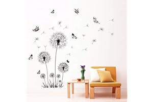 Runtoo, tatuaż ścienny, motyw dmuchawca, motyla, naklejka na ścianę, czarne kwiaty, naklejka na ścianę do pokoju dziecięcego, salonu, sypialni