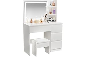 ZenkiHome Dressing Table with Mirror and Adjustable LED Lights, 100cm Wide Vanity Desk with 4 Drawers, White, Stool Included