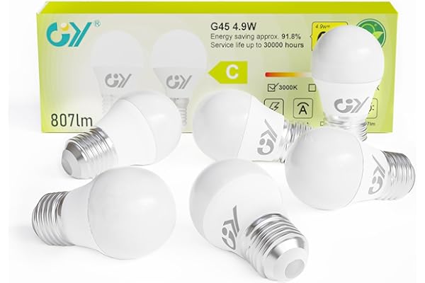 GY 4.9W Bombilla LED E27 Luz Cálida 3000K 807LM (Equivalente a 60W), Bombillas Bajo Consumo G45 Rosca Edison, No Parpadean, No Regulable, 6 Pieza