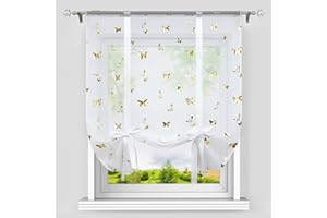 Heichkell Roleta rzymska ze ściągaczem tunelowym, woal, firanka rzymska, nowoczesna firanka na małe okna, firanka kuchenna, błyszczący wzór motyla, dekoracyjna, złota, 80 x 140 cm (szer. x wys.)