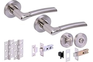 Hunta HANDLEZONE® Ursa Door Handles on Rose Bathroom Deadbolt Pack with with 75mm Ball Bearing Hinges, 76mm Latch and Lock - Dual Polished/Satin Nickel