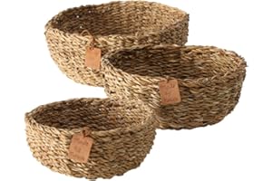Boltze Sophy 2946200 - Cesta redonda (3 piezas, de hierba marina, colores naturales, cestas decorativas estilo bohemio, escandinavo)