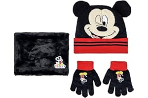 ILS I LOVE SHOPPING Ensemble 3 pièces avec bonnet d'hiver, écharpe cache-cou et gants pour enfant - Taille unique - Doux et chaud pour MICKEY MOUSE