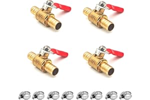 FENGJIAHUI 4 Stück 10mm 2 Wege Absperrkugelhahn mit 8 Klemmen, Gerade Schlauchtülle, Schlauchtülle Schalter Messing Kugelhahn, Rohrverschraubungen 180 Grad Bediengriff, Messingventil (10mm)
