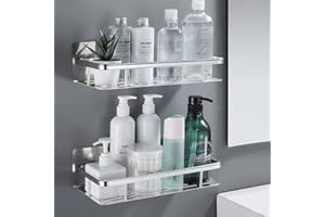Oududianzi Etagère Douche sans Perçage en Aluminium Aéronautique, Rangement Salle de Bains Antirouille, Étagères salle de bain Auto-adhésif, Etagere de Douche sans Percage avec 4 Crochets - Argent