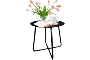 U-BCOO Mesa auxiliar para terraza, mesa auxiliar de acero resistente, pequeña mesa redonda para patio, patio, balcón, jardín, terraza, césped (negro, acero de aleación redonda)