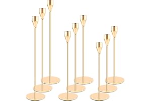 YUTUY Candelabros de Metal,Candelabro Dorado Juego de 9 Candelabro Decorativos de Velas, 24/29/33cm,Vintage Cónicas Portavelas de Metal Alto,para Decoración del Hogar,Bodas,Cenas,Navidad (Oro)