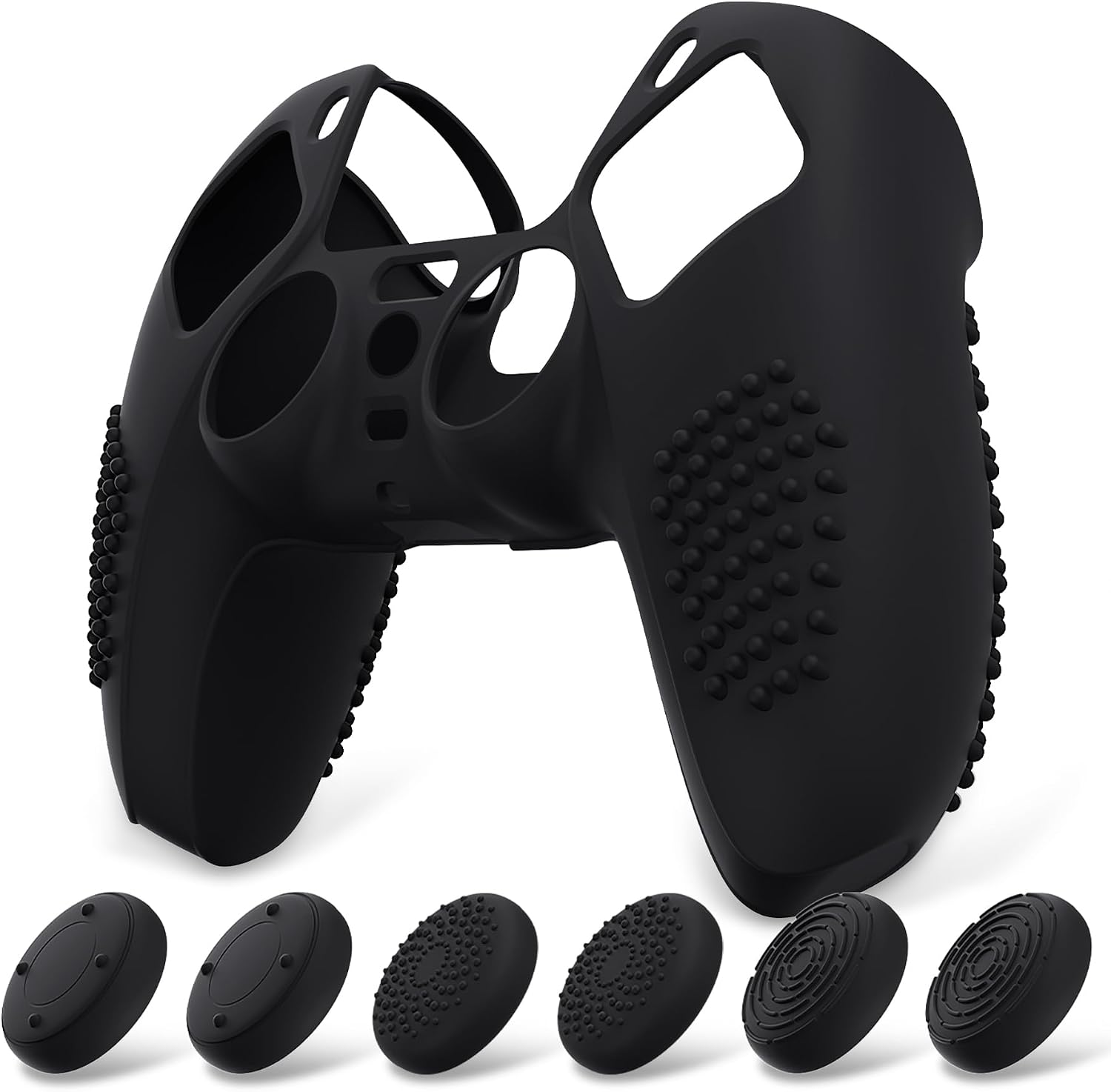 eXtremeRate PlayVital Funda de Silicona para ps5 Mando - Carcasa Protectora con 6 Tapas de Joysticks, Impermeable, Resistente y Antideslizante, Funda de Goma Suave para ps5, 3D Tachonado (Negro)