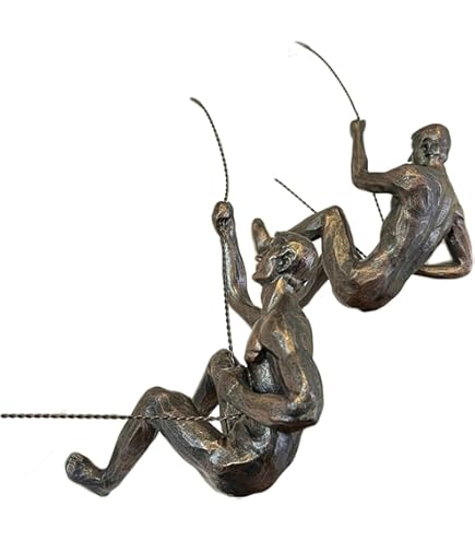 Haute Collage 6x Groot Brons Klimmen Abseilen Hangende Ornamenten Figuren Set van 6 Climer Men Wallhanging Figurines Sculptuur Muurkunst Hars en Metaal Bungeejumpen Hangende Man Gehecht aan draad