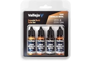 Vallejo Pintura True Metallic Metal Set de 4 Colores para Pintar Metales, Incluye BASE, LIGHT, SHADE y AIRBRUSH, Resultados Consistentes y Adaptables, Imperial Gold