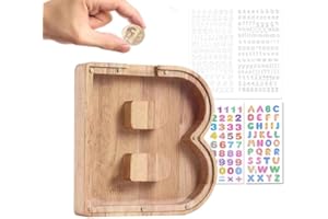 Wivico Wooden Letter Money Box|Reward Jar|Piggy Banks for Kids|Personalised Fillable Letters Clear Money Box|A-Z Letters Coin Bank for Christmas Birthday Gift/Keepsake|with Alphabet Stickers(B)