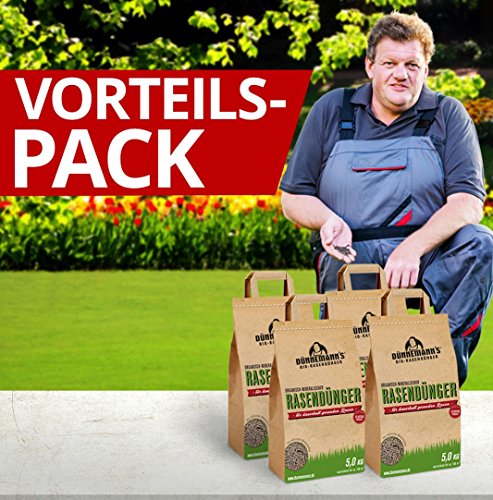Dünnemann´s Biorasendünger - VORTEILSPACK (4 x 5 kg) - mit Langzeitwirkung - Universaldünger - natürliche Humusbildung - 4Pack, für 200 m²- Bio Rasendünger - Öko - Biodünger - Rasendünger - Dünger - Duenger - Rasenpflege - gesunder Rasen - Rasen düngen - NPK - Bodenverbesserer - Boden Aktivator - NPK Dünger - Naturdünger - Naturduenger - Langzeitdünger - Langzeitduenger