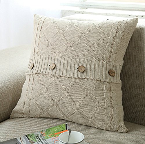 VClife® Baumwolle Zierkissenbezug 45*45cm Gestrickt Kissenbezug Sofa Büro Dekokissen Zimmer Auto Bettkissen Kissenhülle Knopf Beige - 2