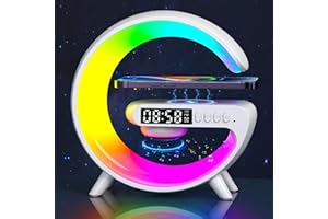 Voncerus Wireless Speaker, G Shape Table Lamp,Atmosphere Night Light with Wireless Charging Function, Bedside Lamp with Alarm Clock & Charging Function,Gifts