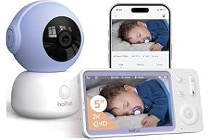 BOIFUN Babyphone Camera 5" 2K, Fonctionne avec Wi-FI ou sans Wi-FI, Vision Nocturne Infrarouge, Détection des Pleurs et Mouvements, Suivi Automatique 360°, App iOS et Android, Cryptage AES128