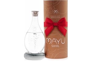 MAYU Swirl Structured Water Carafe - Innovative Vortex Technology Handblown Pitcher. Post Reverse Osmosis Filter Aerating Water Dispenser Stand 1.5 Liter| 51Oz Dining Glass Jug Design (Graystone Base)