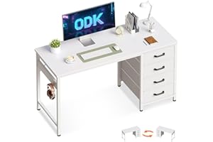 ‎ODK ODK Schreibtisch mit 4 Schubladen, 120×48×75.7cm Computertisch mit Kopfhörer Halter, PC Tisch Reversibler Bürotisch Holz für Heimbüro, Weiß