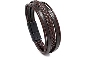 JITNGA Pulsera Cuero Hombre ，Acero Pulsera Trenzada Con Cierre Magnética Inoxidable,Gran Idea De Regalo Para Novio,Padre,Marido (1 Piezas,Marrón)