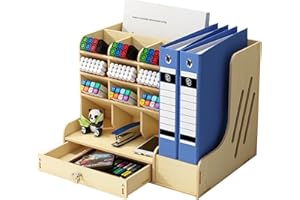 Catekro Drewniany organizer na biurko, organizer na długopisy do szkoły, biura, domu (bardzo duży, biały)