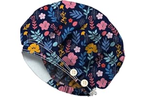 DELORIGIN Wildflowers Bouffant Scrub Caps with 4 Buttons Cotton Nurse Scrub Hats with Sweatband Adjustable Surgical Caps Working Cap for Women Men Nurse Cooking Housework Head Cover One Size Fits All