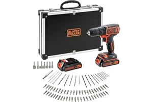 BLACK+DECKER Perceuse-visseuse sans fil 18V, compacte et légère, comprenant 2 batteries de 1,5Ah, un chargeur rapide et 80 accessoires dans une mallette de rangement, BDCDC18BAFC-QW