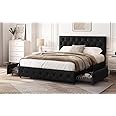 Yaheetech 5ft King Bed Frame Upholstered Platform Bed with Adjustable Diamond Button-Tufted Headboard and 4 Drawers Storage/Sturdy Wood Slat Support/No Box Spring Needed,Black King Bed