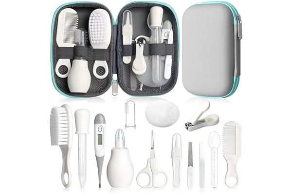 Ensemble de soins de sécurité pour bébé avec brosse à cheveux, peigne et coupe-ongles, kit essentiel pour nouveau-né filles garçons (gris blanc)