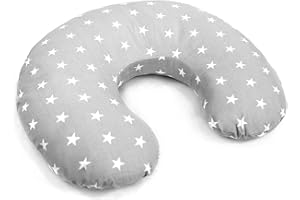 Babymam Breast Feeding Pillow Nursing Pregnancy Baby Cushion and Removable Cotton Cover Small White Stars with Grey
