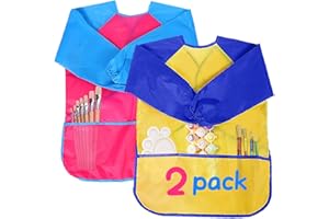 XCOZU 2 Pack Kids Aprons for Painting, Children's Artist Painting Smocks with Long Sleeve & 3 Convenient Pockets, Kids Art Smock Childrens Toddler Waterproof Play Apron for Daily Activities