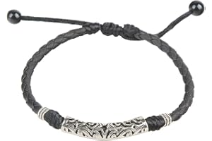 Justerbar svart flätat läder vristlänk med präglat silverrör – 9 tum omkrets – unisex handgjort boho-armband