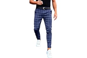 Beokeuioe Pantaloni elasticizzati da uomo, pantaloni chino, slim fit, casual, in tessuto, elegante, regolare, classico, a quadri con chiusura lampo