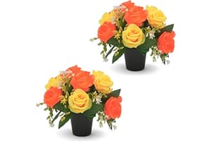 AIGOCITY 2 PCS Artificial Flowers for Graves Pots,2 Colors Yellow Orange Roses Grave Flower Pots Silk Cemetery Ornaments Outdoor Decorations, Fake Funeral Memorial Bouquet in Pot for Graveside
