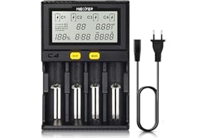 18650 Cargador de Batería, MiBOXER Smart Cargador Universal de 4 Bahías, Pantalla LCD Automática, Carga Rápida Recargable Li-