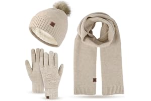 MAGIMODAC Ladies Hat Scarf and Gloves Set Winter Fleece Lined Bobble Beanie Hats Thermal Long Knitted Scarves Fluffy Warm Touchscreen-Gloves