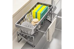 Rongxze Organizador Fregadero Cocina, Soporte Estropajo Fregadero con Bandeja de Drenaje Autodrenante, Organizador de Fregadero para Soporte de Esponja, Toallero, Acero Inoxidable (23x9x10 cm)