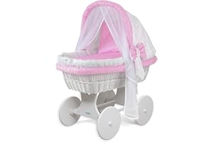 WALDIN BABY COLLECTION WALDIN Cuna Moisés, Carretilla portabebés XXL, 54 Modelos a Elegir, Madera/Ruedas Lacado en Blanco, Color Textil Rosa/Agujas
