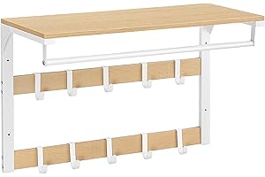 ‎VASAGLE VASAGLE Wandgarderobe, mit Ablage, Wandregal mit 10 abnehmbaren Haken, Hängeregal, Wandmontage, 2 Garderobenleisten, Kleiderstange, für Flur, Schlafzimmer, Badezimmer, eichenfarben-weiß LCR101W09