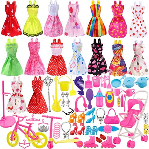 WoBoSen 116 pcs Accesorios para Muñecas Dolls,Ropa y Zapatos para Dolls, 16pcs Mini Vestidos de Moda para Dolls + 98 Accesorio + 2pcs Pegatina (Multicolor)